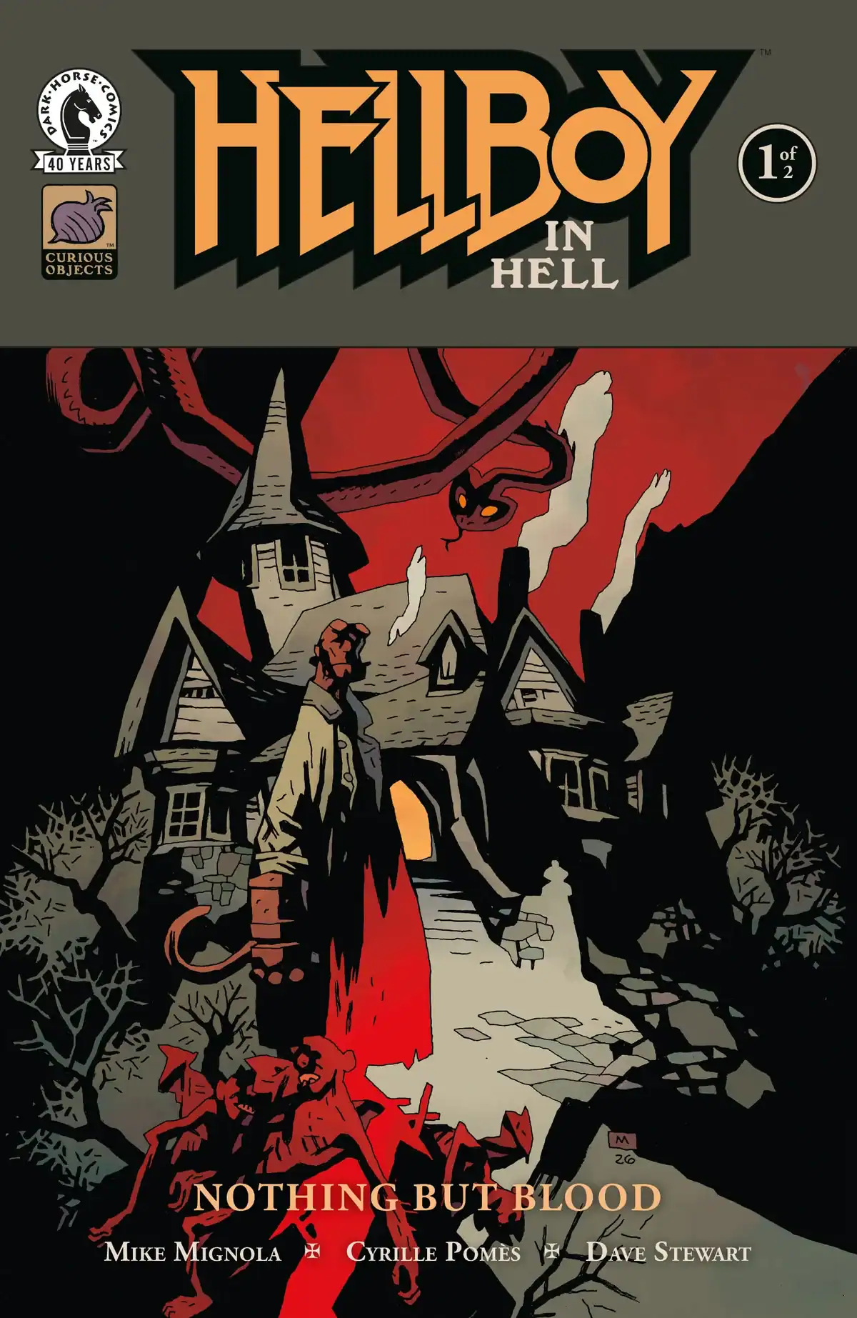 Comic book cover for Hellboy in Hell, issue 1 of 2, featuring Hellboy standing before a gothic house with a serpent overhead.