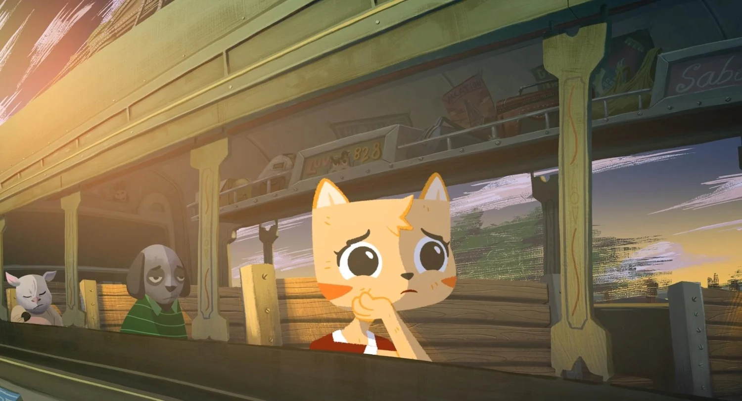 An animated cat and dog sitting on a bus with luggage racks above them.