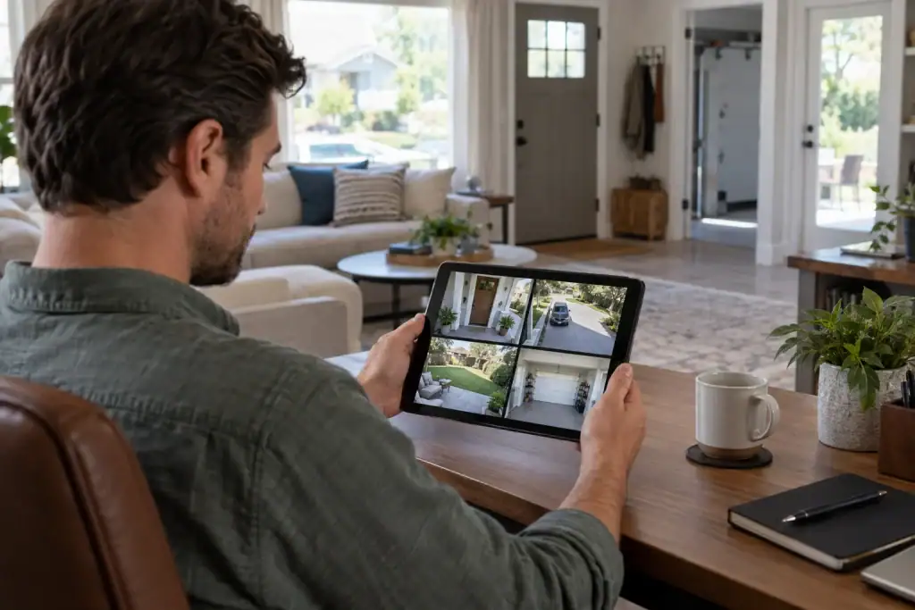How To Manage Multiple Security Cameras At Your Home Homeowner reviewing security camera views on a tablet.