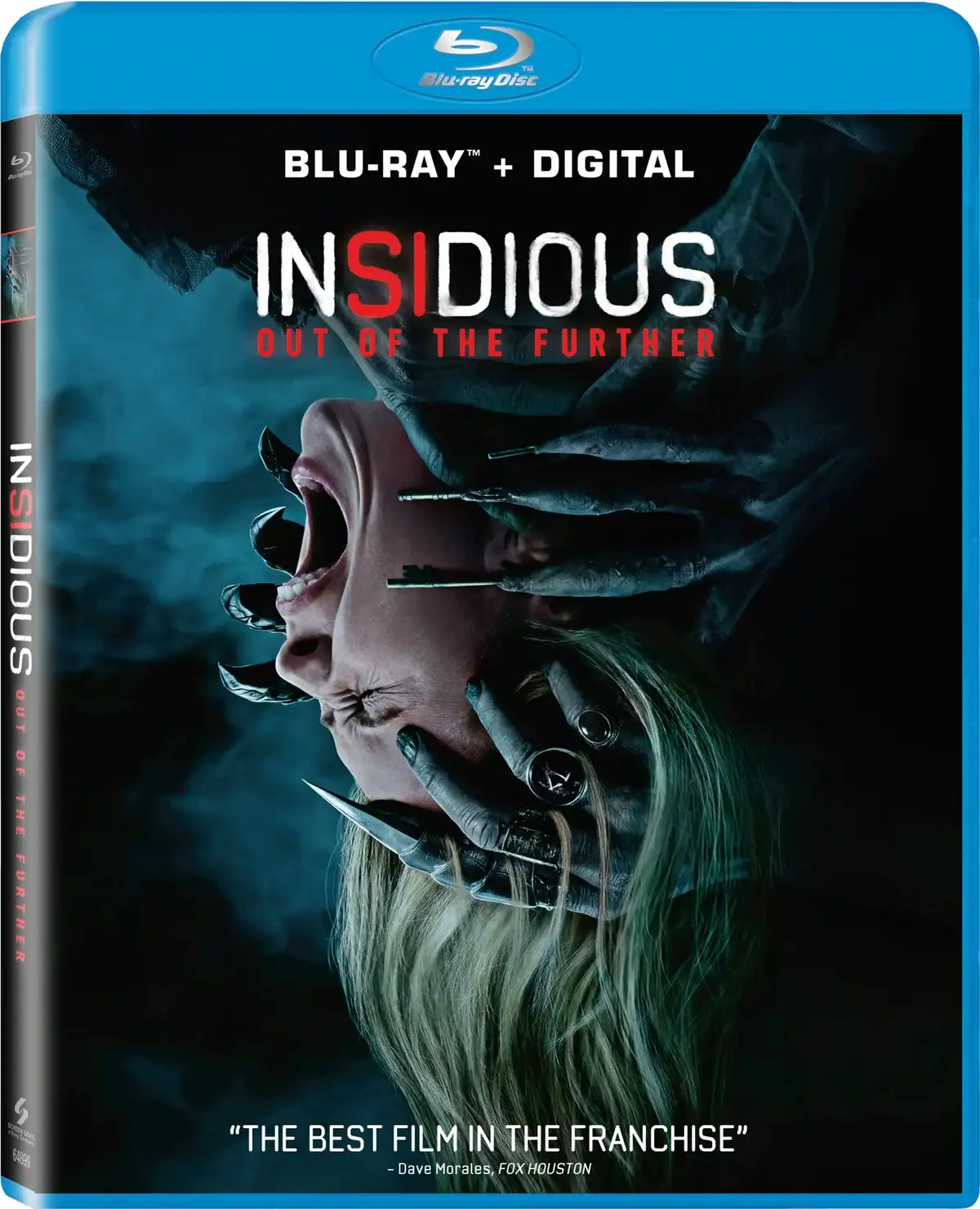 Blu-ray cover for the film Insidious: The Red Door, featuring a person screaming as shadowy, clawed hands cover their face.