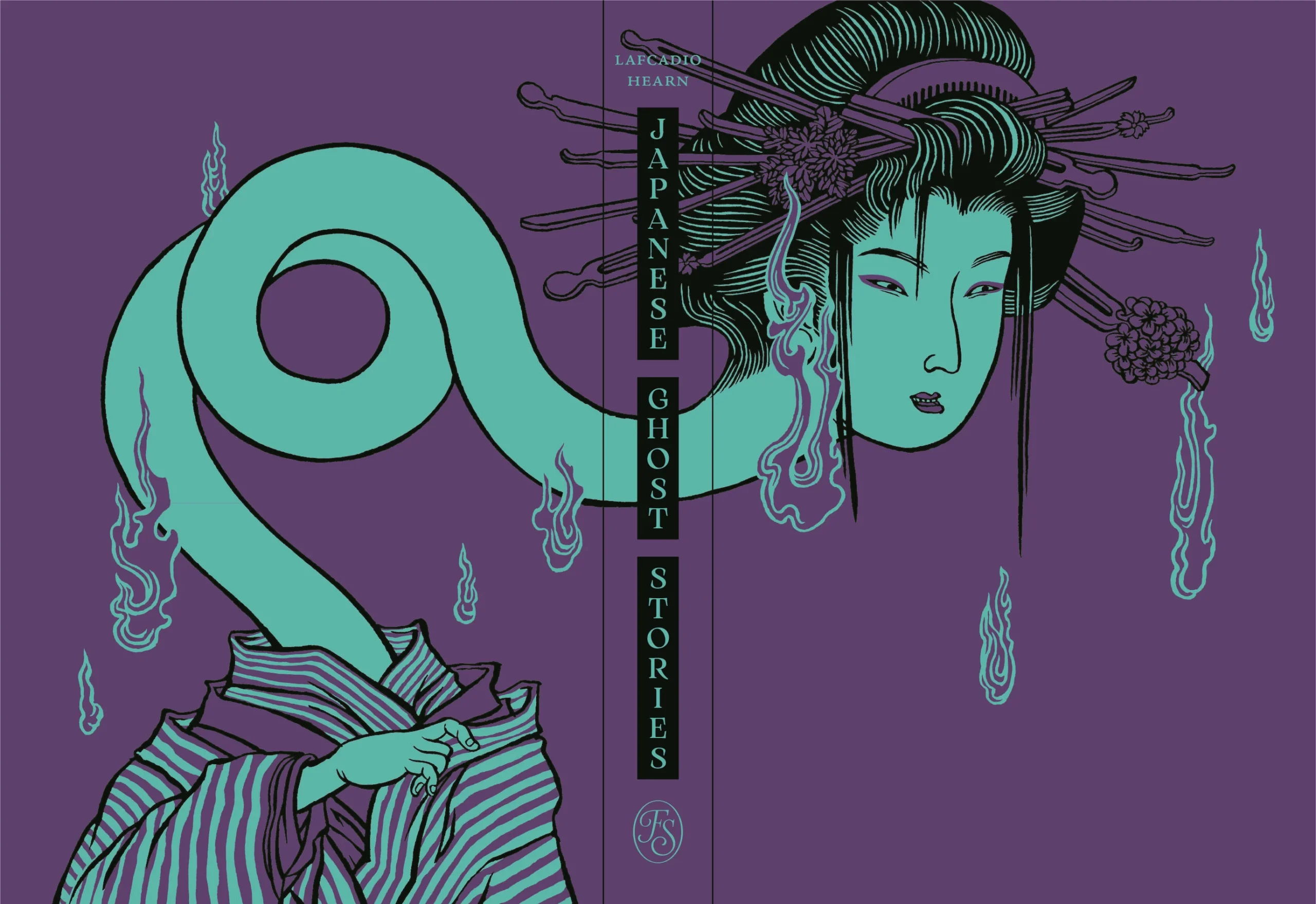 Book cover of “Japanese Ghost Stories” by Lafcadio Hearn, featuring a teal, long-necked spirit with a traditional hairstyle in a striped kimono against a purple background.
