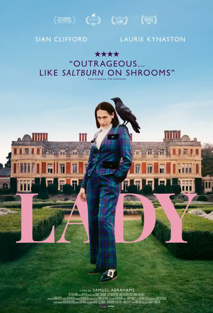 Movie poster for “Lady” featuring a person in a plaid suit with a raven on their shoulder, standing before a large estate.