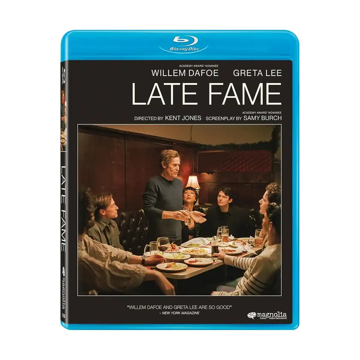 Blu-ray cover for the film “Late Fame,” starring Willem Dafoe and Greta Lee.