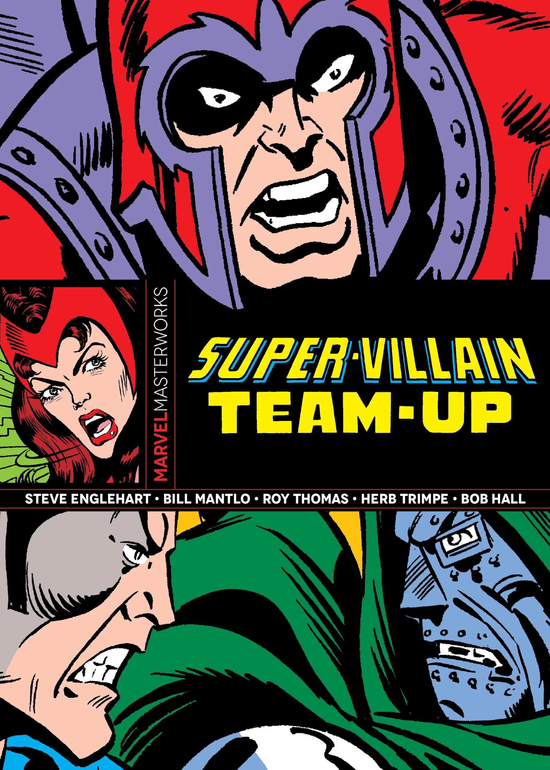 Comic book cover for “Super-Villain Team-Up” featuring Magneto, Scarlet Witch, and Doctor Doom.