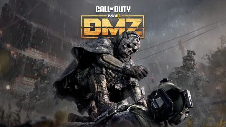 Call of Duty: Modern Warfare II DMZ promotional art featuring a skull-masked soldier standing over a downed operator in the rain.