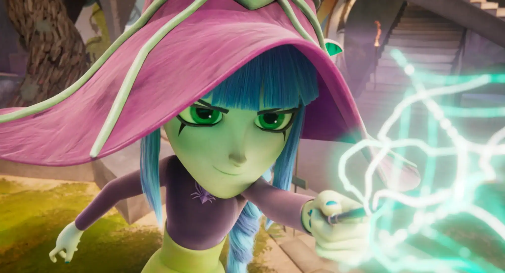 A green-skinned character with blue hair and a wide pink hat casting a glowing electric spell from a wand.