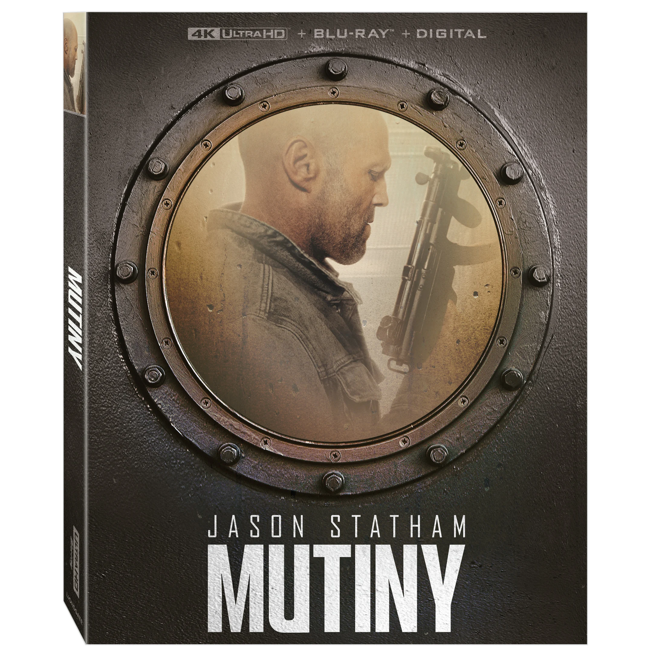 4K Ultra HD Blu-ray cover for the film Mutiny, featuring Jason Statham holding a firearm viewed through a round porthole window.