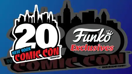 New York Comic Con 20th anniversary logo featuring the Funko Exclusives branding against a city skyline silhouette.