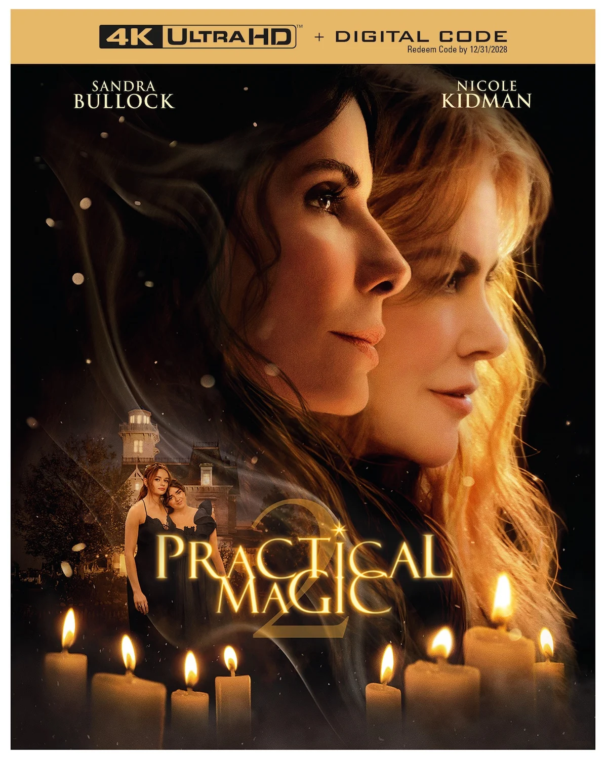 Practical Magic 2 movie poster featuring Sandra Bullock and Nicole Kidman, with a house and lit candles in the foreground.