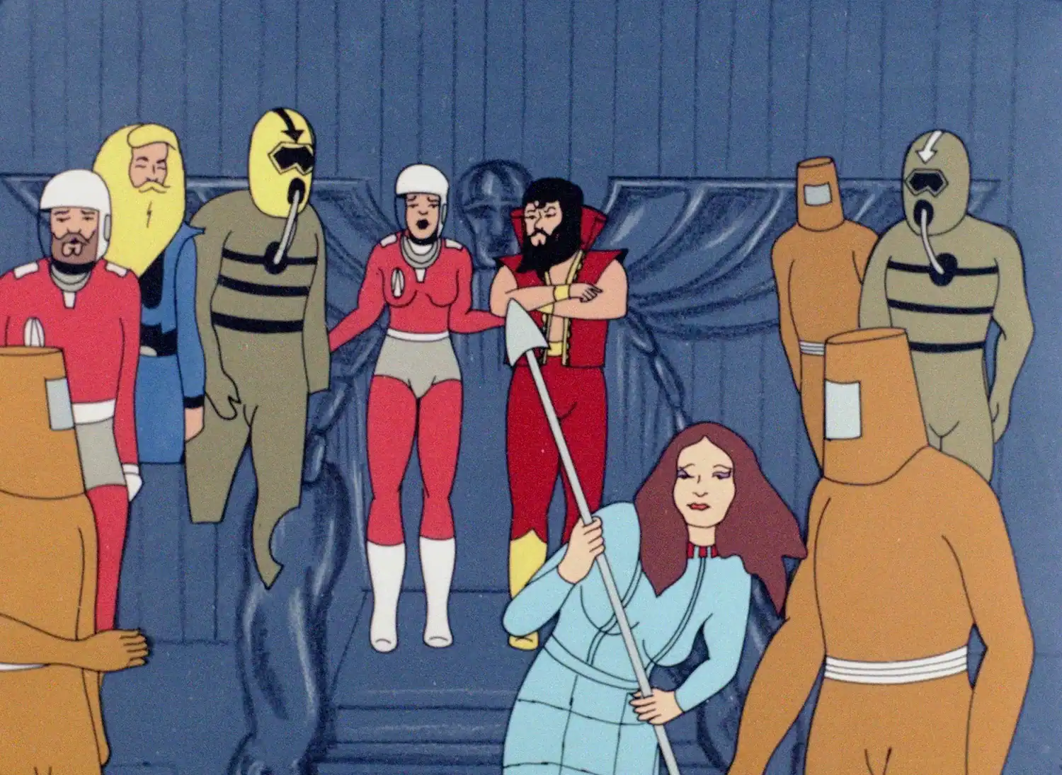 Animated characters in varied futuristic costumes stand in a room, with one woman in the foreground holding a long spear-like staff.