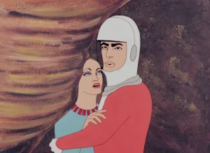 A woman in a blue dress embraces a man wearing a white helmet and a red suit.