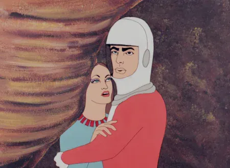 ‘Roy del Espacio (Roy From Space)’ Blu-Ray Review – Lost Mexican Sci-Fi Adventure Gets A Second Chance At Life A woman in a blue dress embraces a man wearing a white helmet and a red suit.