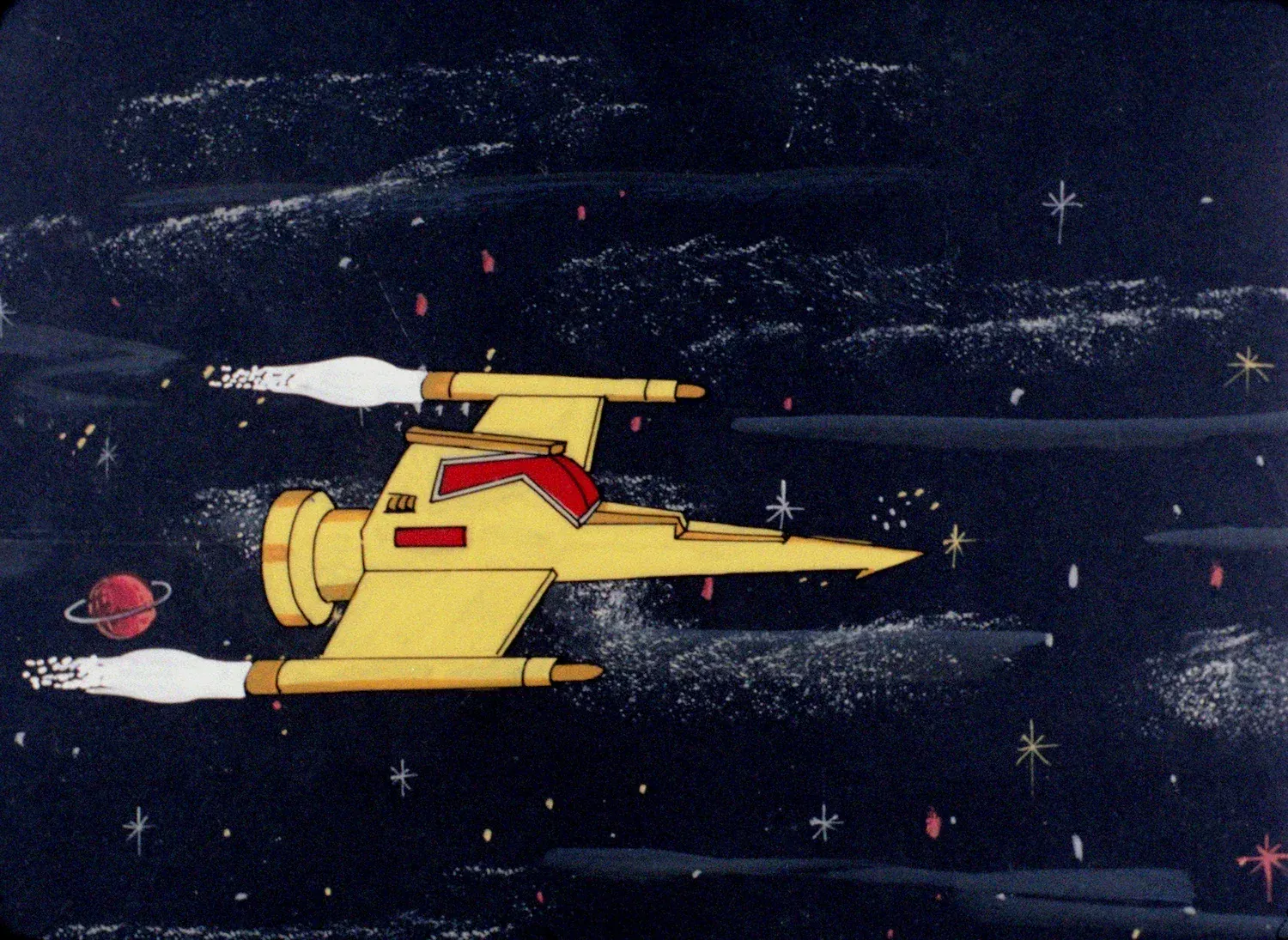 A yellow cartoon spaceship flying through space past a small ringed planet.