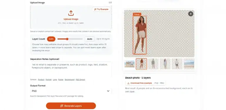 A screenshot of an AI layer separation tool, showing upload settings on the left and a preview of a segmented image of a person on the right.