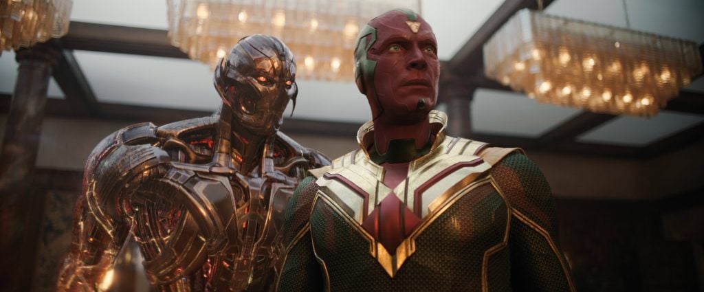  (L TO R) James Spader as Ultron and Paul Bettany as Vision in VisionQuest exclusively on Disney+. Photo courtesy of Marvel. © 2026 Marvel. All Rights Reserved.