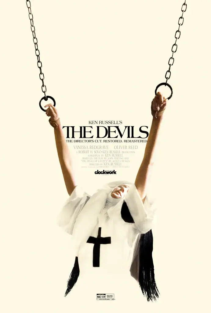 Movie poster for The Devils, featuring a person dressed as a nun with arms raised and wrists bound by chains.