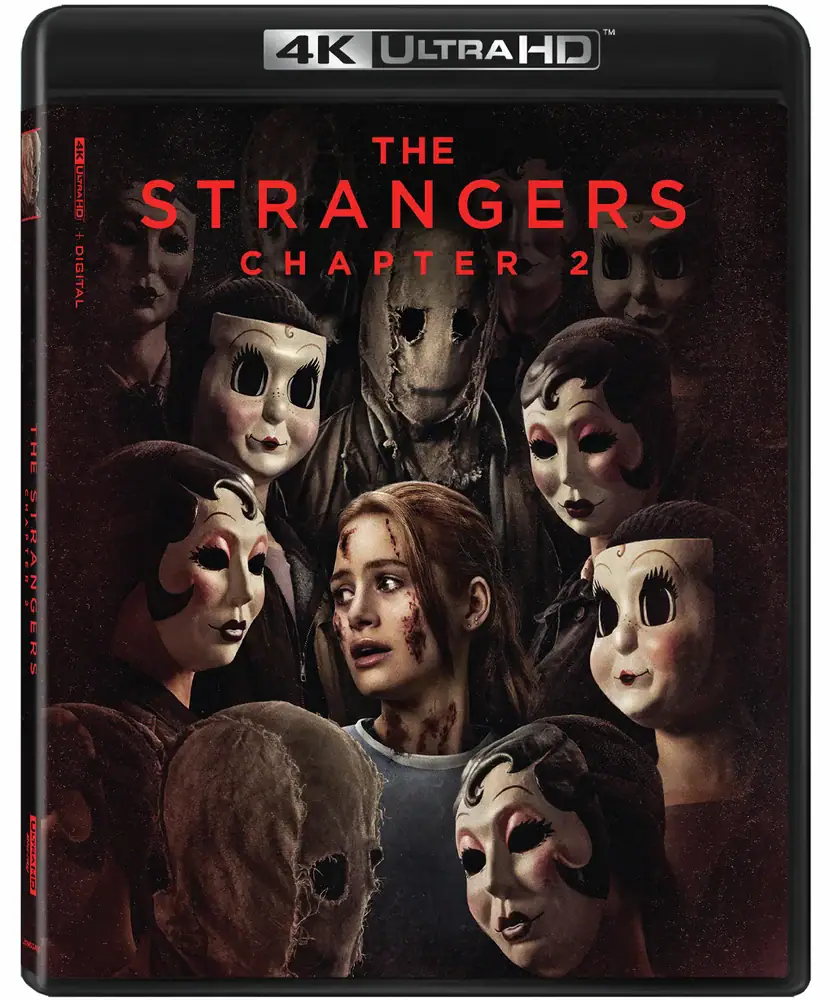 4K Ultra HD Blu-ray cover for the movie The Strangers: Chapter 2, featuring a bloodied woman surrounded by several figures wearing sinister masks.