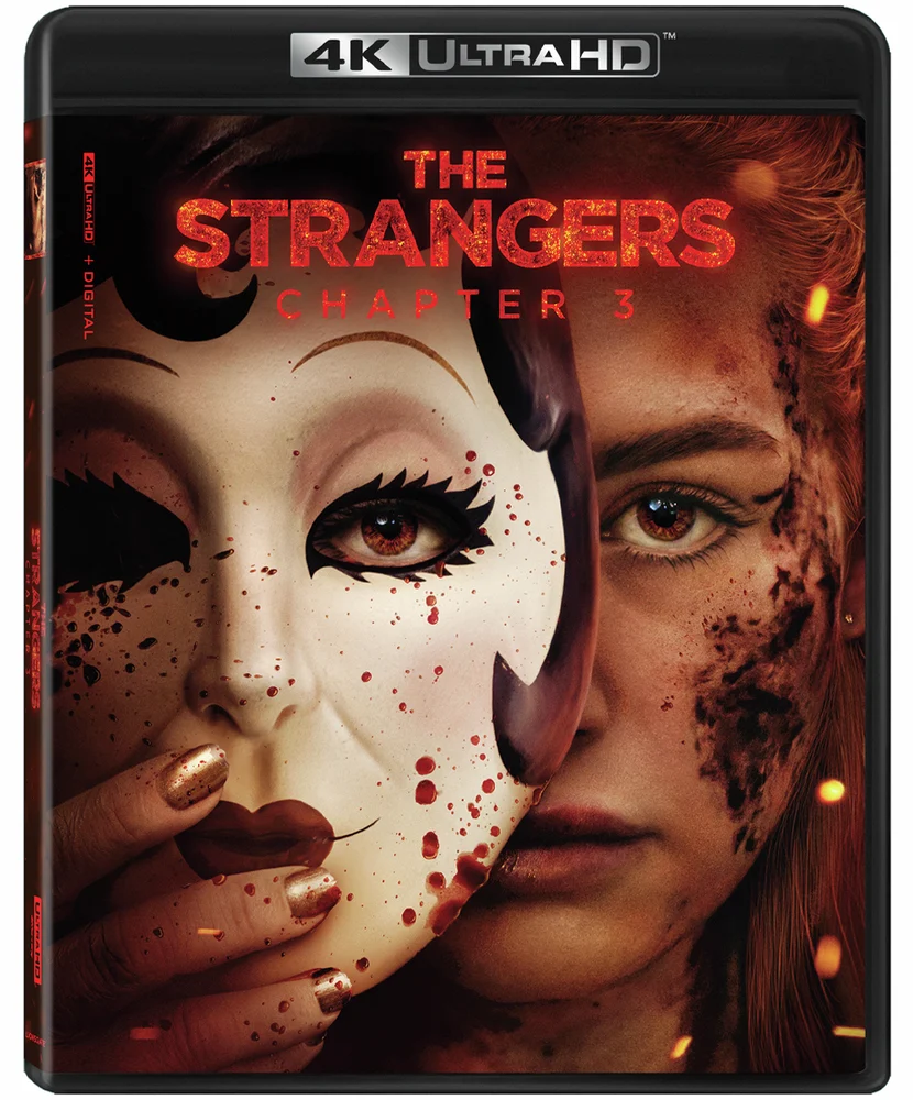 4K Ultra HD cover art for the film The Strangers: Chapter 3, featuring a close-up of a person holding a blood-spattered mask over half of their face.