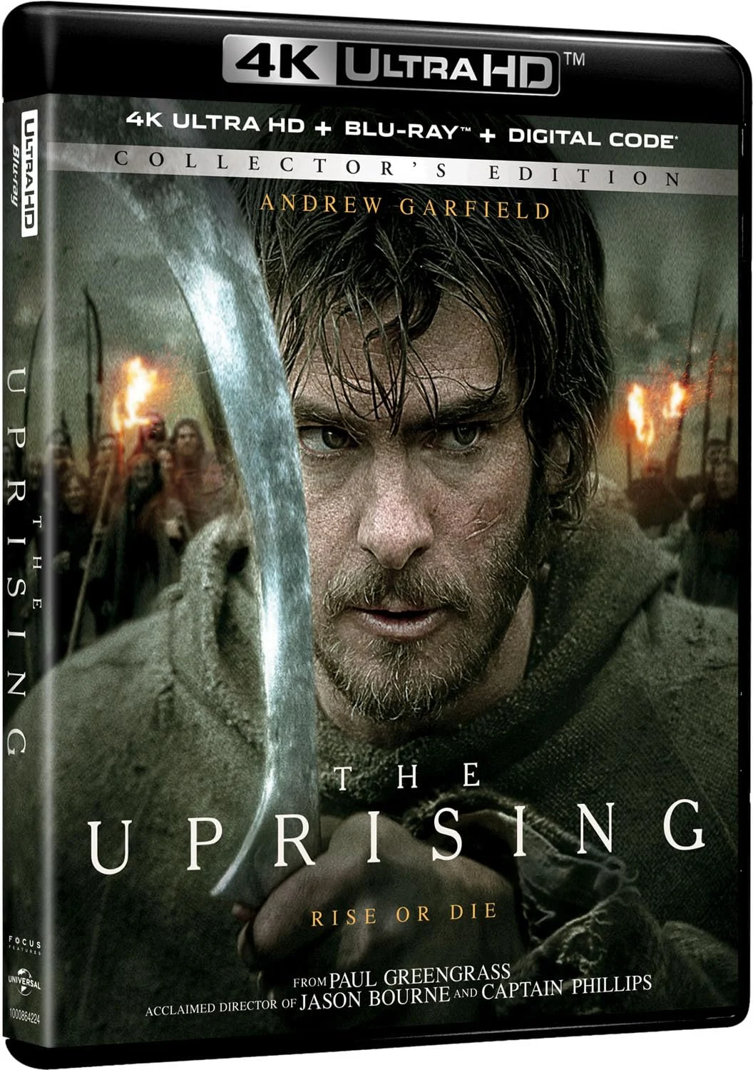4K Ultra HD Blu-ray cover for the film The Uprising, featuring a close-up of Andrew Garfield holding a curved blade.