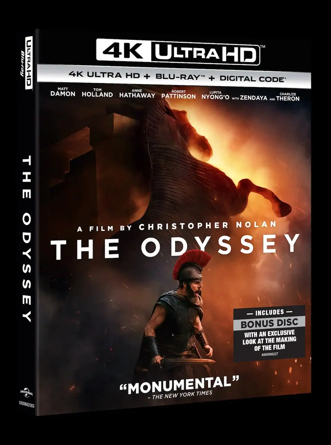 4K Ultra HD Blu-ray cover for the film The Odyssey, featuring a warrior in a helmet and a silhouette of a horse statue against a fiery background.