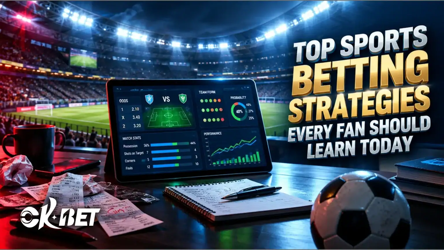 Top Sports Betting Strategies Every Fan Should Learn Today A tablet displaying sports betting statistics on a desk next to a soccer ball, with text reading: “Top sports betting strategies every fan should learn today.”