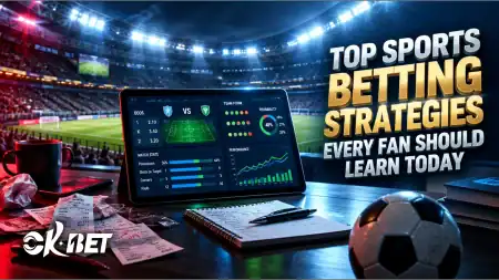 A tablet displaying sports betting statistics on a desk next to a soccer ball, with text reading: “Top sports betting strategies every fan should learn today.”