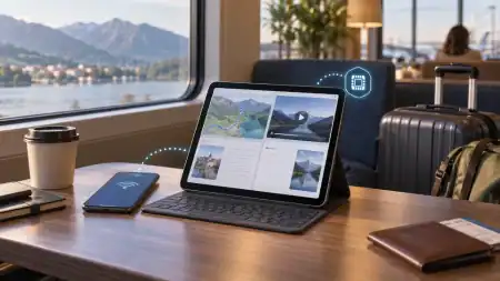 Taking An iPad Abroad? Decide Whether It Needs Its Own Travel eSIM A tablet with a keyboard cover and a smartphone on a train table, showing digital connectivity icons and scenic travel content on their screens.