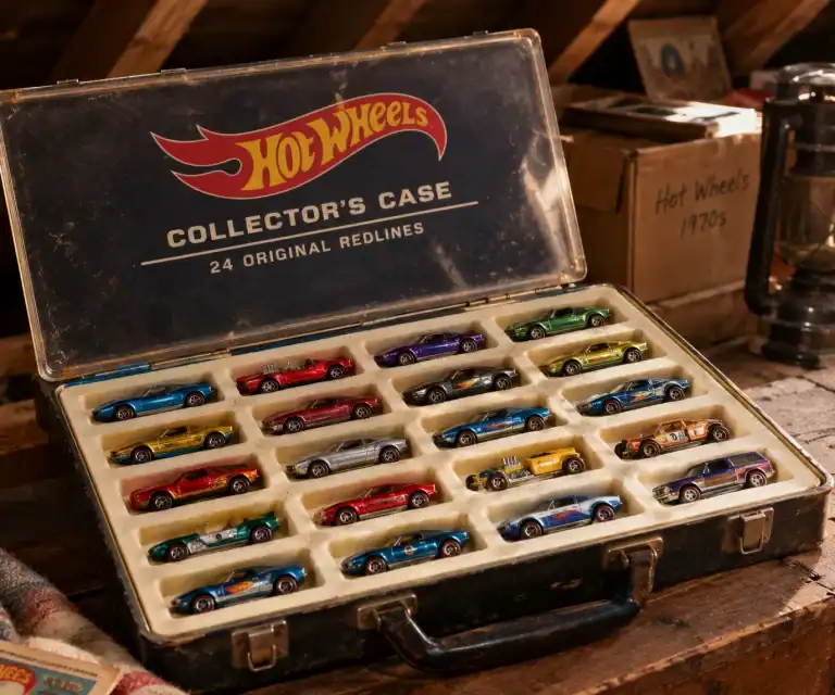 An open Hot Wheels collector’s case containing twenty-four vintage die-cast toy cars in individual compartments.