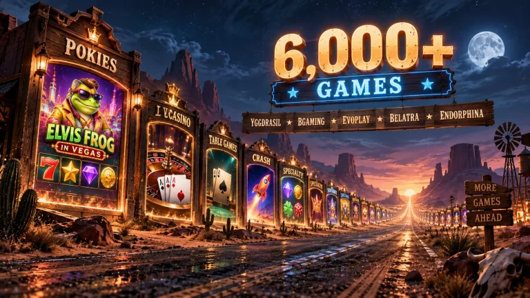 Wanted Win Casino: 6,000 Games And A Five-Part Welcome Pack For Australian Players A desert road lined with illuminated game icons and signs, featuring text that reads “6,000+ GAMES” and various software provider names, leading toward a sunset horizon.