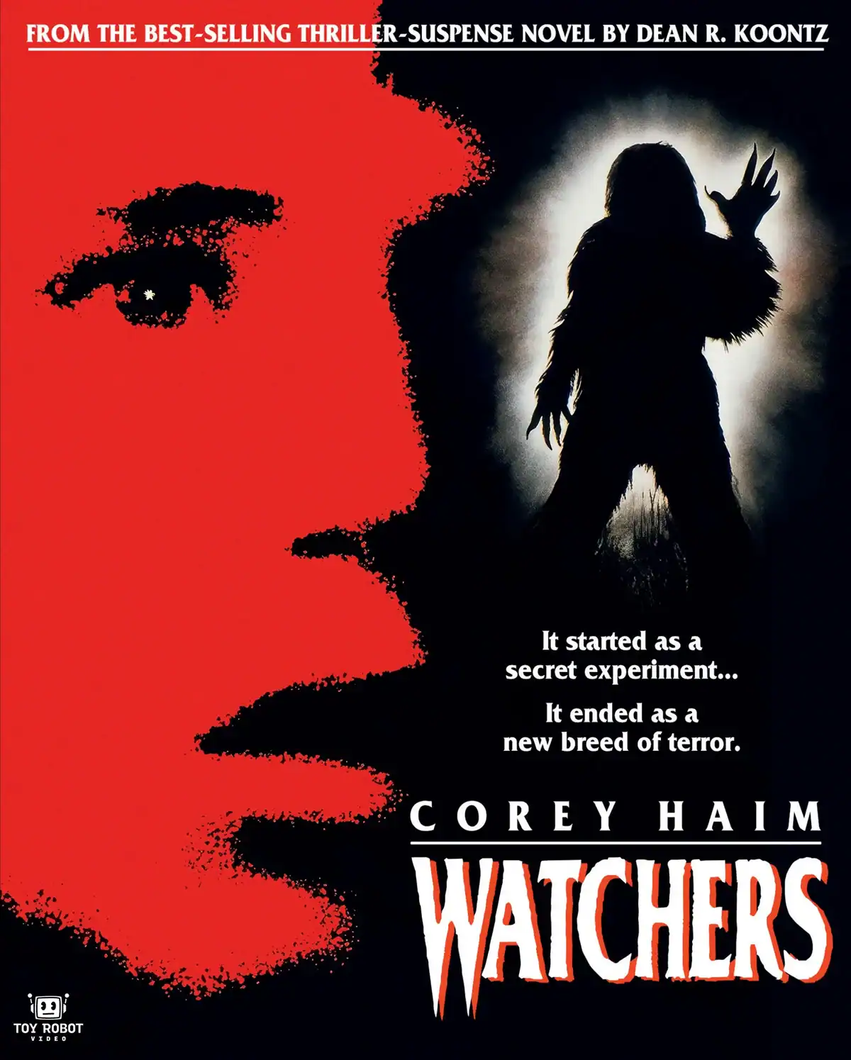 Movie poster for Watchers, featuring a red silhouette of a face next to a shadowy figure and the tagline, “It started as a secret experiment... It ended as a new breed of terror.”.