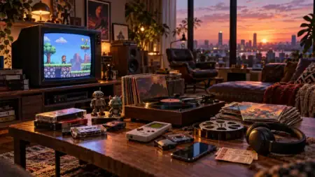 A cozy living room at sunset with a retro video game on a CRT television and a coffee table covered with a turntable, vinyl records, cassette tapes, a handheld game console, and headphones, overlooking a city skyline.