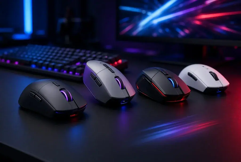 Four wireless gaming mice in black, grey, dark grey, and white arranged on a desk in front of a computer monitor and keyboard.