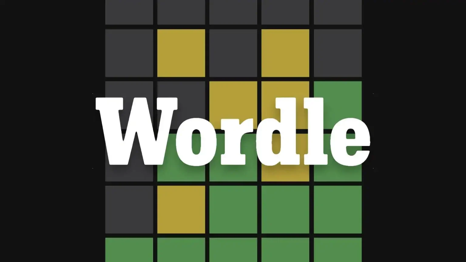 Wordle logo overlaid on a 5x6 grid of grey, yellow, and green squares.