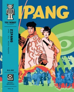 Blu-ray cover art for the film Zipang, featuring a man and woman in traditional Japanese attire against a yellow sun, with smaller figures and an elephant below.