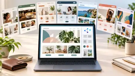Most Affordable AI Website Builders In 2026: Top 7 Picks Laptop showing an AI website builder surrounded by seven website preview cards, with a wallet and coins on the desk.