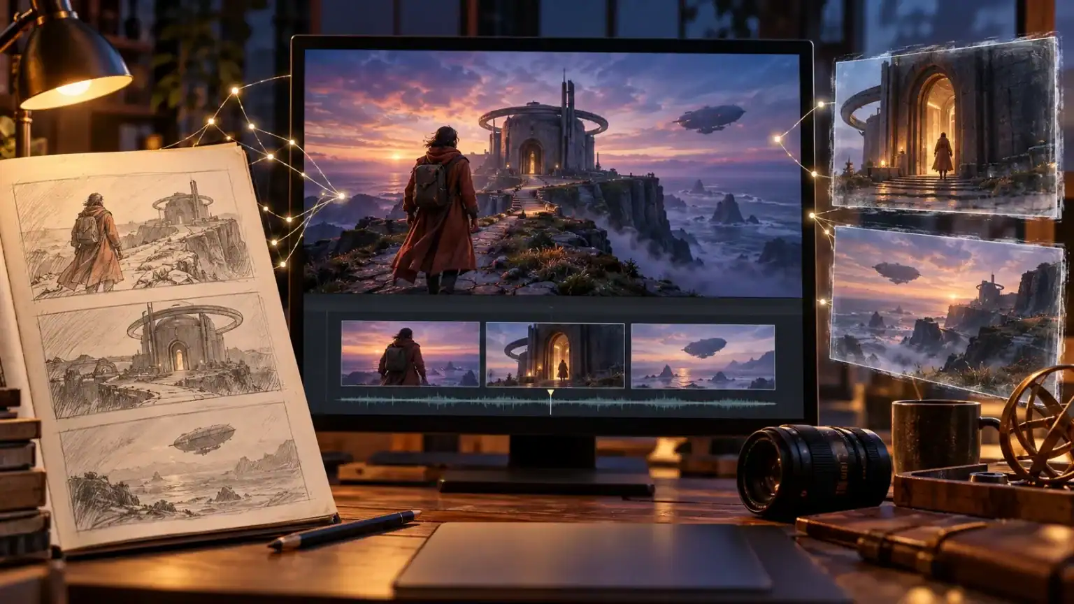 A Trailer For A Film That Does Not Exist Yet: The Creative Role of AI Concept Clips Storyboard sketches beside a monitor showing an imagined film trailer, with alternate cinematic concept frames and an editing timeline.