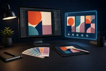 How Graphic Designers Can Use AI To Speed Up Their Creative Workflow A computer monitor, a tablet with a stylus, and a color swatch fan on a desk, displaying abstract graphic designs.