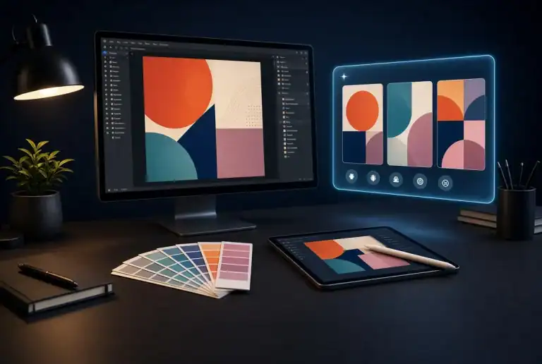 A computer monitor, a tablet with a stylus, and a color swatch fan on a desk, displaying abstract graphic designs.