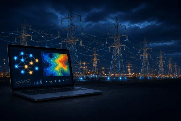 From Reactive Repairs To Predictive Maintenance: The Role of AI In Grid Modernization Power transmission towers at night with a laptop showing a predictive maintenance dashboard.