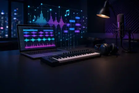 Music studio with a laptop, MIDI keyboard, and glowing waveforms illustrating AI-assisted songwriting and production.