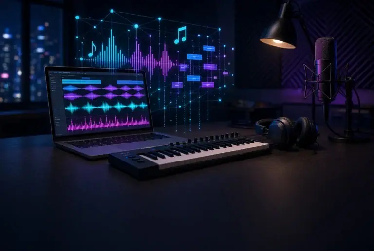 How AI Is Transforming Music Production And Songwriting Music studio with a laptop, MIDI keyboard, and glowing waveforms illustrating AI-assisted songwriting and production.