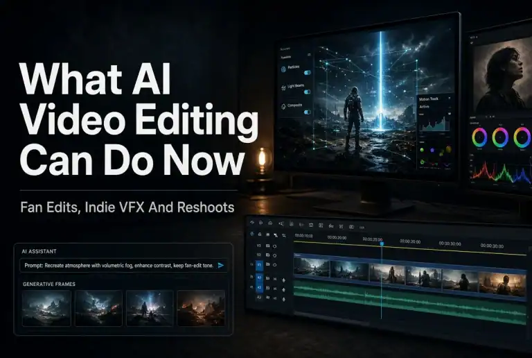 AI video editing timeline used for fan edits, indie VFX, and reshoots.
