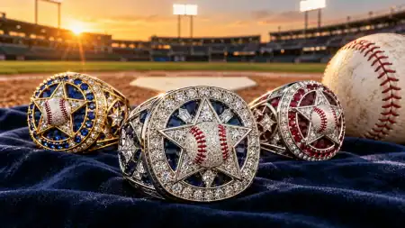The Case For All-Star Baseball Rings This Season Three jeweled baseball award rings on navy velvet beside a baseball, with a stadium at sunset in the background.