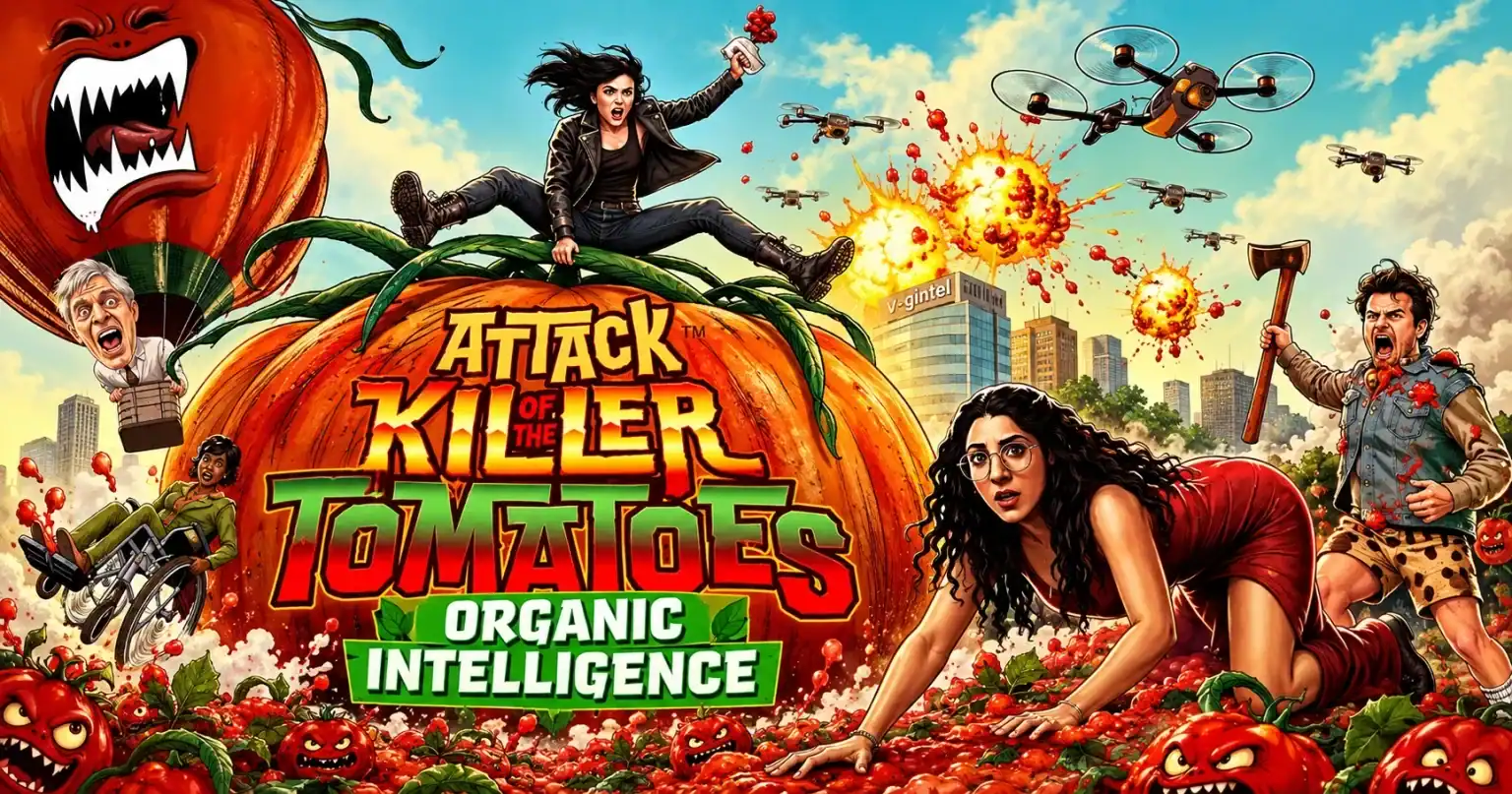 ‘Attack of the Killer Tomatoes: Organic Intelligence’ Review — The Tomatoes Return, and This Time They’re Thinking for Themselves Movie poster for “Attack of the Killer Tomatoes: Organic Intelligence,” featuring characters fleeing from giant, aggressive tomatoes and exploding drones.