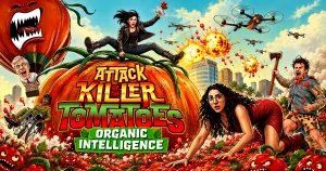 ‘Attack of the Killer Tomatoes: Organic Intelligence’ Review — The Tomatoes Return, and This Time They’re Thinking for Themselves Movie poster for “Attack of the Killer Tomatoes: Organic Intelligence,” featuring characters fleeing from giant, aggressive tomatoes and exploding drones.