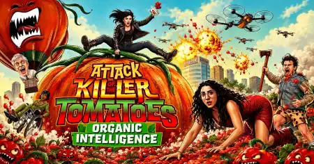 Movie poster for “Attack of the Killer Tomatoes: Organic Intelligence,” featuring characters fleeing from giant, aggressive tomatoes and exploding drones.