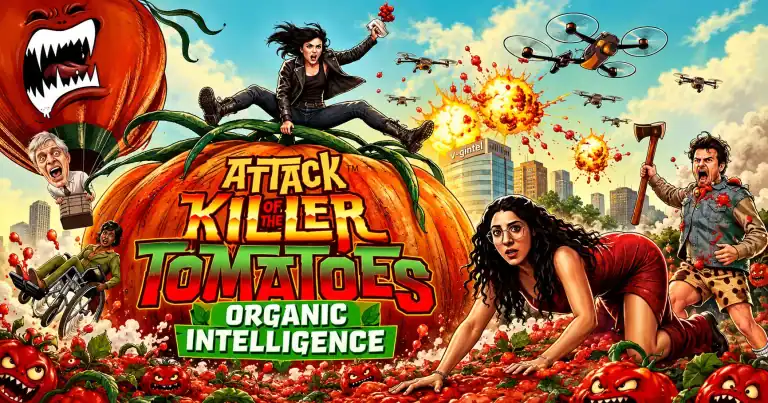 Movie poster for “Attack of the Killer Tomatoes: Organic Intelligence,” featuring characters fleeing from giant, aggressive tomatoes and exploding drones.
