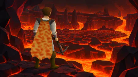 OSRS Fire Cape: Why One Fight With Jad Still Feels Like A Final Boss A character with a crossbow and a patterned orange cape stands at the edge of a volcanic landscape filled with rivers of flowing lava.