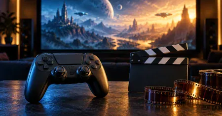 Game controller beside a film clapperboard and film reels, with a cinematic landscape on screen.