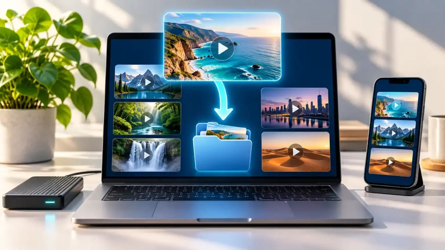 Laptop showing video thumbnails and a download arrow pointing to a folder, beside a smartphone and external storage drive.
